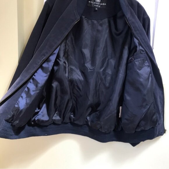 Balenciaga Bomber Navy Jacket Logo Zipper Pocket Lined Vintage Minimalist Coat M - Picture 5 of 16